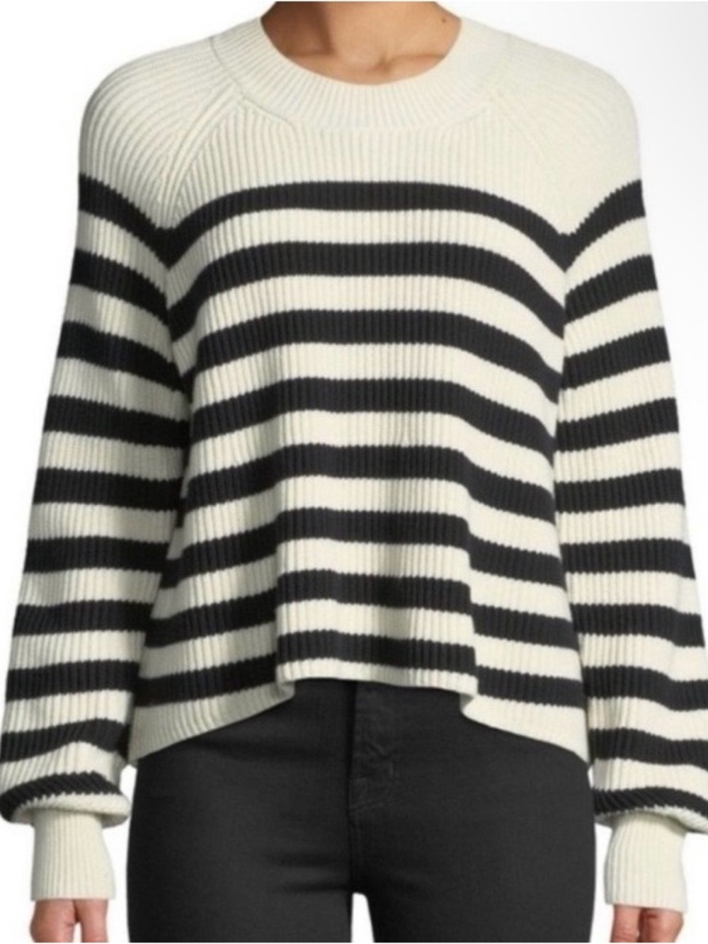Veronica Beard Black & Cream Striped Ribbed Crewneck Sweater